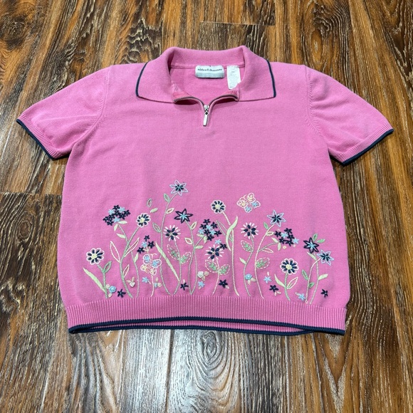 Alfred Dunner Sweaters - Alfred Dunner Women's Pink Floral Embroidered Quarter Zip Knit Sweater Petite XL